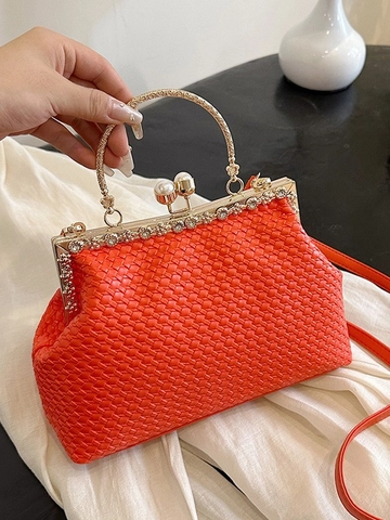 Woven Kiss Lock Crossbody Bag For Women Vintage Evening Handbag Rhinestone Artificial Pearl Small Square Shoulder Bag Party Purse