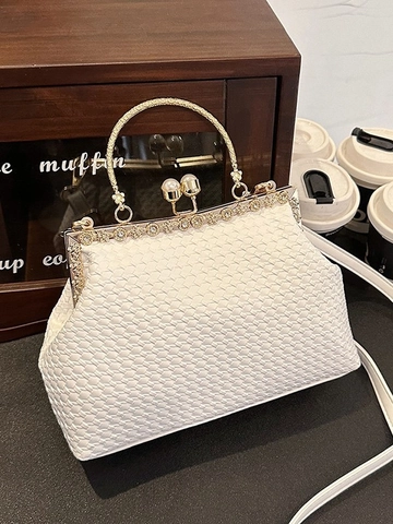 Woven Kiss Lock Crossbody Bag For Women Vintage Evening Handbag Rhinestone Artificial Pearl Small Square Shoulder Bag Party Purse