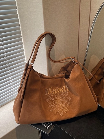 Bolso Tote de Gran Capacidad de Ante Sintético Mujer Bordado Floral Bolso de Hombro Vintage Casual Con Correa Ajustable