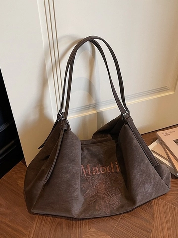 Bolso Tote de Gran Capacidad de Ante Sintético Mujer Bordado Floral Bolso de Hombro Vintage Casual Con Correa Ajustable