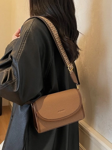 Mode Damen Webmuster PU-Leder Umhängetasche Lässige Kleine Quadratische Schultertasche Mit Breitem Geometrischem Gurt