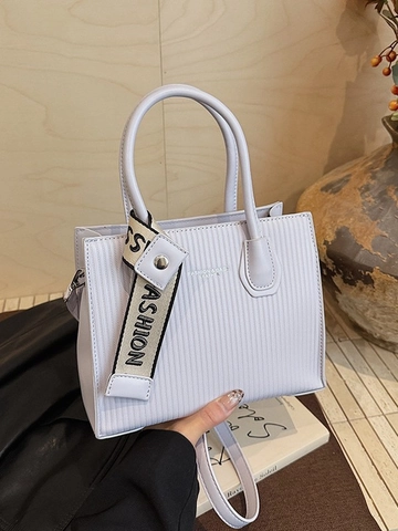 Borsa Tote da Donna in Pelle PU Minimalista Urbana Moda a Strisce Verticali Goffrata Quadrata a Tracolla Con Sciarpa