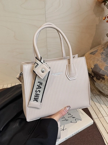 Borsa Tote da Donna in Pelle PU Minimalista Urbana Moda a Strisce Verticali Goffrata Quadrata a Tracolla Con Sciarpa