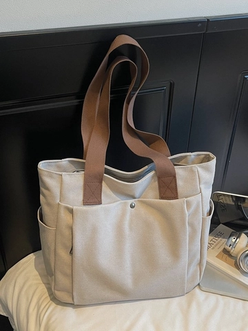 Bolso de Mano de Lona de Gran Capacidad para Mujer Con Múltiples Bolsillos Bolso Simple de Color en Contraste para Escuela Oficina