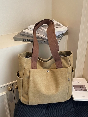 Bolso de Mano de Lona de Gran Capacidad para Mujer Con Múltiples Bolsillos Bolso Simple de Color en Contraste para Escuela Oficina