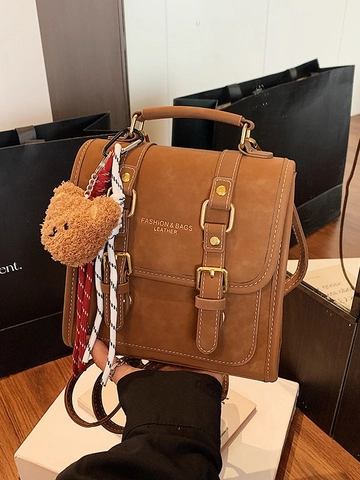 Vintage College Style Women PU Backpack Fashion Solid Color Retro Commuting Small Backpack With Bear Charm School Bag