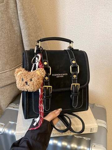 Vintage College Style Women PU Backpack Fashion Solid Color Retro Commuting Small Backpack With Bear Charm School Bag