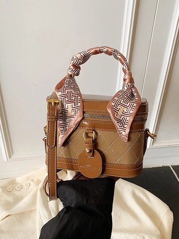 Damen Retro PU Leder Box Tasche Rautenmuster Quilt Umhängetasche Seidenschal Griff Handtasche Mode Umhängetasche