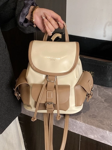Zaino da Donna in Pelle PU Retro a Blocchi di Colore Grande Capacità Moda Borsa da Viaggio per la Scuola Casual Pendolarismo
