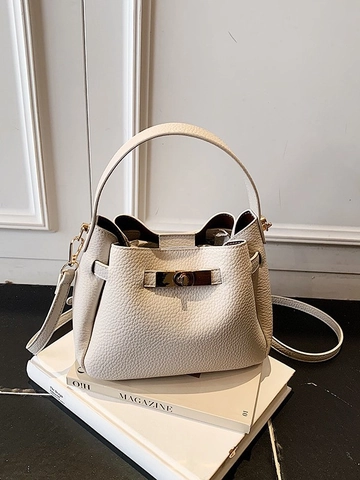 Women Retro Litchi Grain PU Leather Bucket Bag With Gold Twist Lock Shoulder Crossbody Bag With Plush Rabbit Pendant
