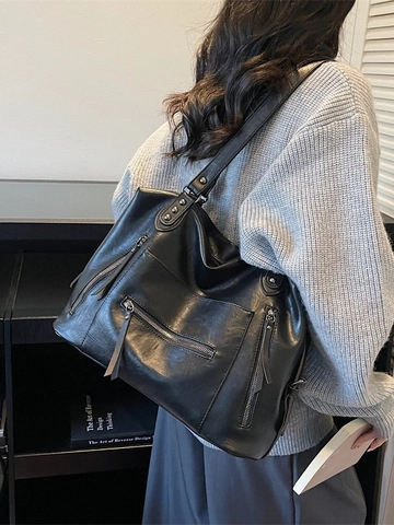 Bolso Tote de Cuero PU Vintage de Gran Capacidad para Mujer Retro Casual Múltiples Bolsillos Cremallera Bolso de Hombro Diario