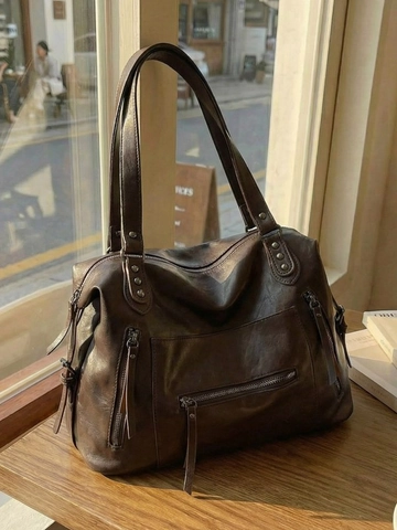 Bolso Tote de Cuero PU Vintage de Gran Capacidad para Mujer Retro Casual Múltiples Bolsillos Cremallera Bolso de Hombro Diario