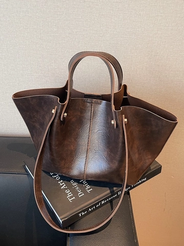 Women Large Capacity Vintage PU Leather Tote Bag Casual Retro Solid Color Shoulder Bag Stitching Zipper Fashion Handbag