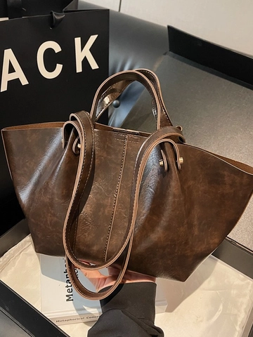 Women Large Capacity Vintage PU Leather Tote Bag Casual Retro Solid Color Shoulder Bag Stitching Zipper Fashion Handbag