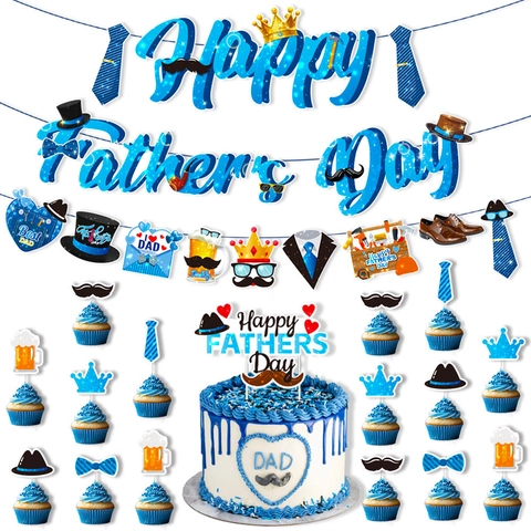 Set Decorazioni Festa del Papà Happy Father's Day Banner Cake Topper Palloncini in Lattice Blu Best Dad Super Dad Forniture
