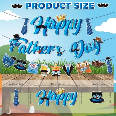 Happy Father's Day Party Decorations Paper Blue Glitter Best Dad Banner And Cake Topper For Fathers Day Celebration
