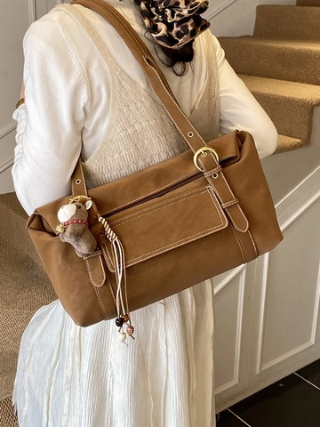 Vintage PU Leder Große Kapazität Tragetasche Für Damen Mit Pferdeanhänger Kontrastnähte Schultertasche Für Pendeln Schule