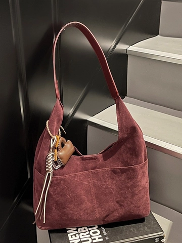 Women Vintage Suede Tote Bag Large Capacity Underarm Bag With Mini Charm Retro Solid Color Casual Commuter Hobo Handbag