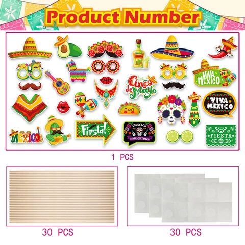 Accessoires de Photobooth Fiesta Mexicaine DIY Décorations Cinco De Mayo Sombrero Cactus Crâne en Sucre Masque de Carnaval Accessoire en Carton