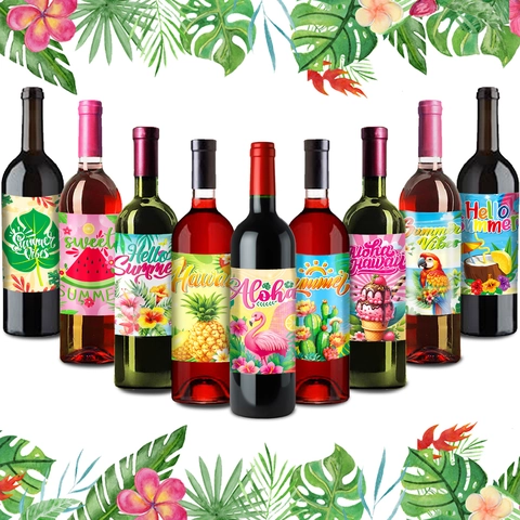Etichetta per Bottiglia di Vino Festa Estate Hawaii Adesivo Impermeabile Ananas Fenicottero Tropicale per Decorazione Festa Compleanno Spiaggia
