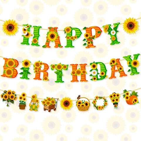 Banner Festa Compleanno Girasole Carta Happy Birthday Lettera Ghirlanda Girasole Gnomo Floreale Banner Appeso per Decorazione