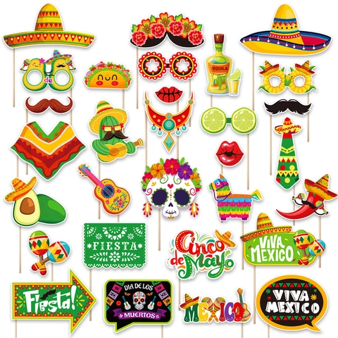 Accessoires de Photobooth Fiesta Mexicaine DIY Décorations Cinco De Mayo Sombrero Cactus Crâne en Sucre Masque de Carnaval Accessoire en Carton