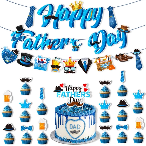 Happy Father's Day Party Decorations Paper Blue Glitter Best Dad Banner And Cake Topper For Fathers Day Celebration