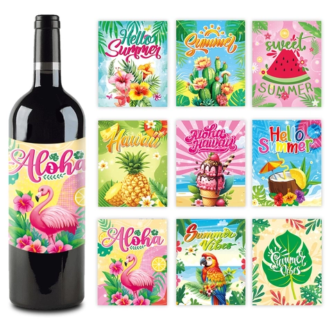 Etichetta per Bottiglia di Vino Festa Estate Hawaii Adesivo Impermeabile Ananas Fenicottero Tropicale per Decorazione Festa Compleanno Spiaggia