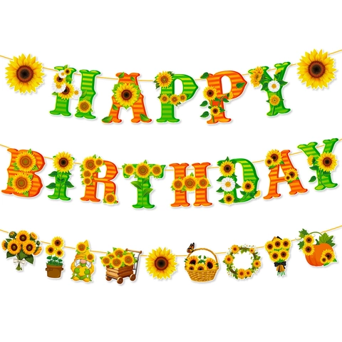 Banner Festa Compleanno Girasole Carta Happy Birthday Lettera Ghirlanda Girasole Gnomo Floreale Banner Appeso per Decorazione