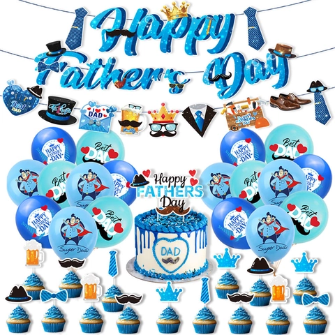 Set Decorazioni Festa del Papà Happy Father's Day Banner Cake Topper Palloncini in Lattice Blu Best Dad Super Dad Forniture