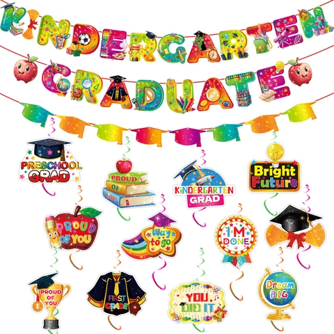 Kindergarten Graduate Banner With Swirl Hanging Decorations For Preschool School Classroom Party Rainbow Graduation Supplies