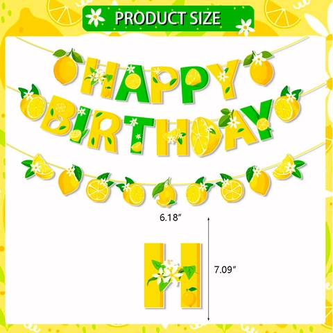 Decorazioni per Feste di Compleanno a Tema Limone Banner Happy Birthday in Cartoncino Bianco Cake Topper in Stile Estivo