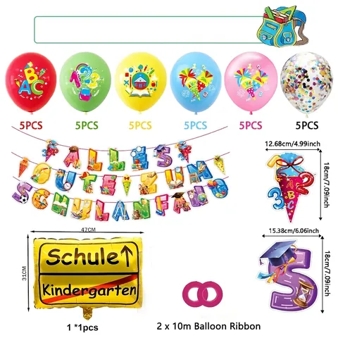 Set Decorazioni Festa Inizio Scuola Tedesco Alles Gute Zum Schulanfang Banner Palloncini in Lattice Alluminio Celebrazione