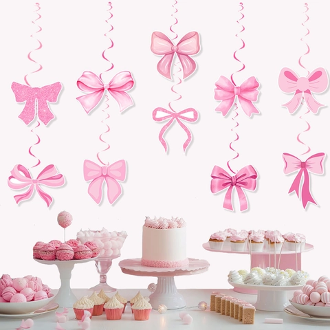 Pink Bow Birthday Party Hanging Swirl Decorations For Girls Paper Bowknot PVC Spiral Ceiling Hanging Ornament Party Supplies