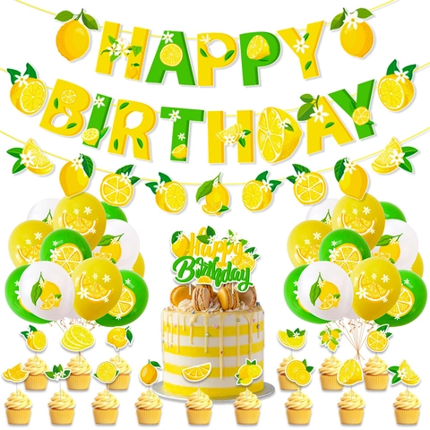 Lemon Theme Birthday Party Decoration Set Latex Balloons Paper Banner Cake Topper Summer Fruit Tropical Party Supplies