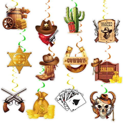 Decorazioni Appese a Spirale per Festa di Compleanno a Tema Western Cowboy Cartoncino Distintivo Sceriffo Cactus Spirali PVC