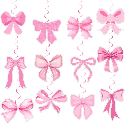 Pink Bow Birthday Party Hanging Swirl Decorations For Girls Paper Bowknot PVC Spiral Ceiling Hanging Ornament Party Supplies