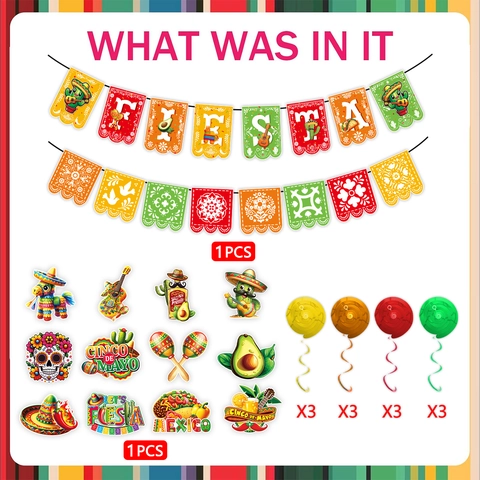 Mexican Fiesta Party Decorations Cinco De Mayo Banner Hanging Swirls Cactus Taco Skull Avocado Cardboard Party Decor Set