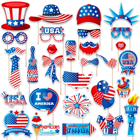 Accesorios Fotomatón Día De La Independencia Americana Decoraciones Fiesta Patrióticas Máscaras Cartulina Con Palos Madera