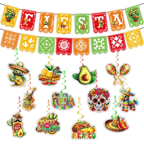 Mexican Fiesta Party Decorations Cinco De Mayo Banner Hanging Swirls Cactus Taco Skull Avocado Cardboard Party Decor Set