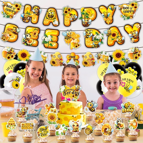 Set di Decorazioni per Feste di Compleanno a Tema Ape Banner Girasole Cake Topper Palloncini in Lattice Giallo Nero Bianco per Bambini