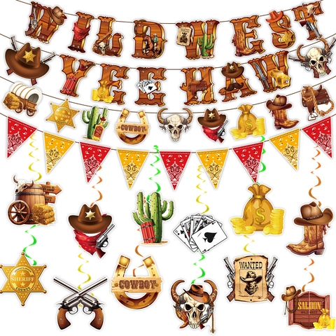 Decorazione Festa Compleanno Western Cowboy Wild West Banner Yee Haw Ghirlanda Sceriffo Cactus Cappello Cowboy Spirali Appese