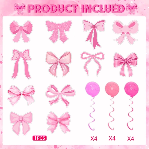 Pink Bowknot Birthday Party Decoration Happy Birthday Banner Hanging Spiral Ornament Bow Garland For Girls Birthday Party Supplies