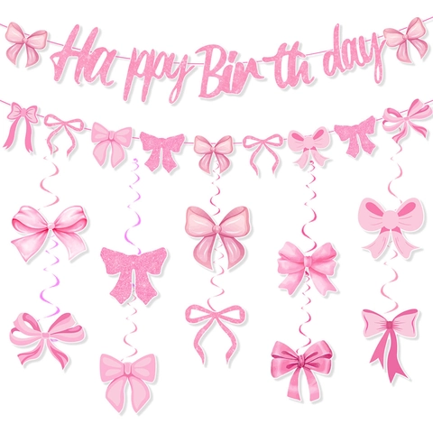Pink Bowknot Birthday Party Decoration Happy Birthday Banner Hanging Spiral Ornament Bow Garland For Girls Birthday Party Supplies