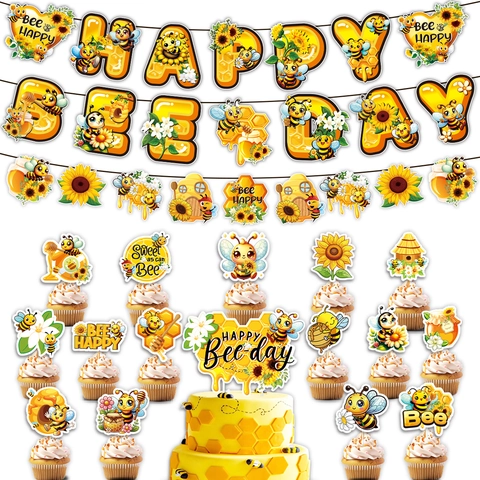 Decorazione per Festa di Compleanno a Tema Ape Happy Bee Day Banner Girasole Cake Topper Forniture per Feste per Bambini