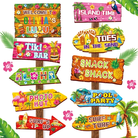 Decorazioni per Feste Luau Hawaiiane Tiki Bar Cartello di Benvenuto Tavola da Surf Fenicottero Segnaletica Direzionale Tropicale