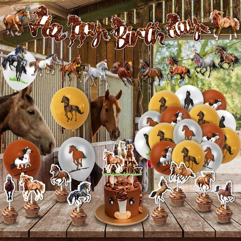 Set Decorazioni Festa Compleanno Tema Cavallo Striscione Carta Cake Topper Palloncini Lattice per Articoli Festa Cowboy