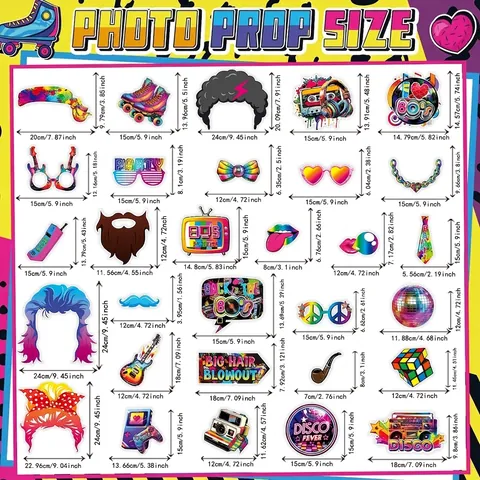 Accesorios para Fotomatón con Temática de los 80 Retro Máscara de Papel Estilo Disco de Neón Gafas para Decoración Fiesta Cumpleaños