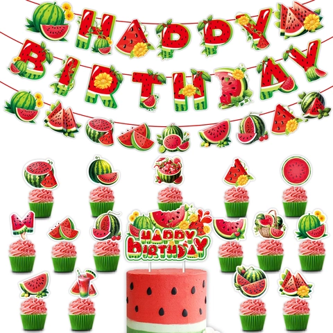 Summer Watermelon Birthday Party Decorations Alphabet Banner Fruit Theme Cake Toppers For Kids Baby Shower Party Supplies