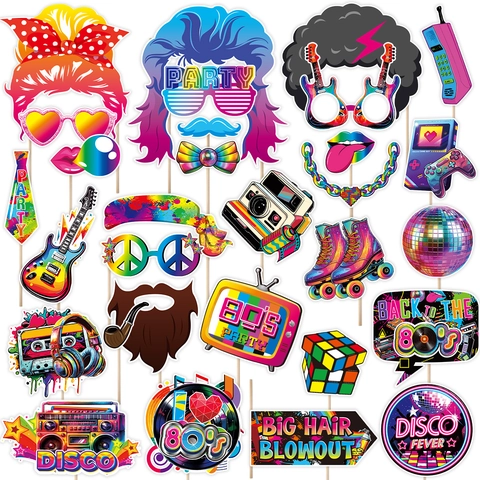 Accesorios para Fotomatón con Temática de los 80 Retro Máscara de Papel Estilo Disco de Neón Gafas para Decoración Fiesta Cumpleaños